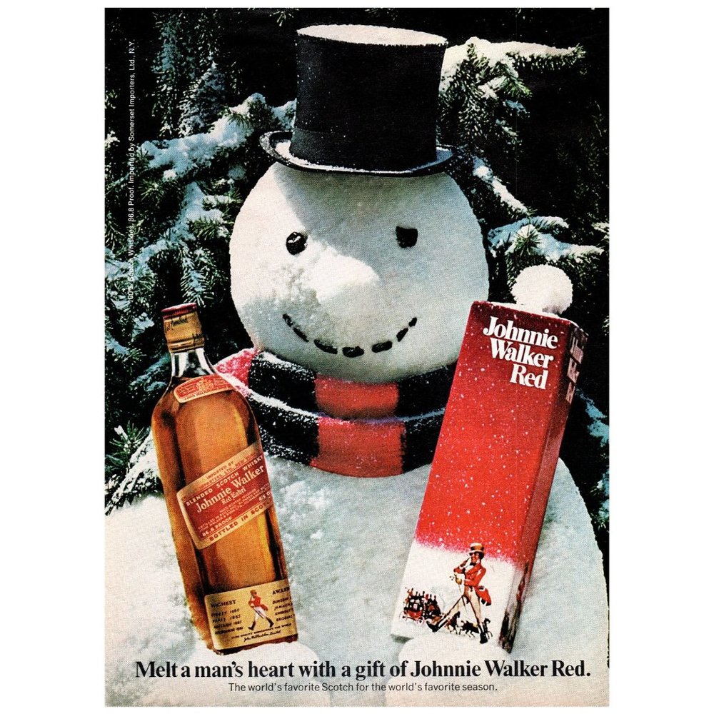 1975 Johnnie Walker Red Label Scotch Vintage Print Ad Snowman Winter Snow Decor